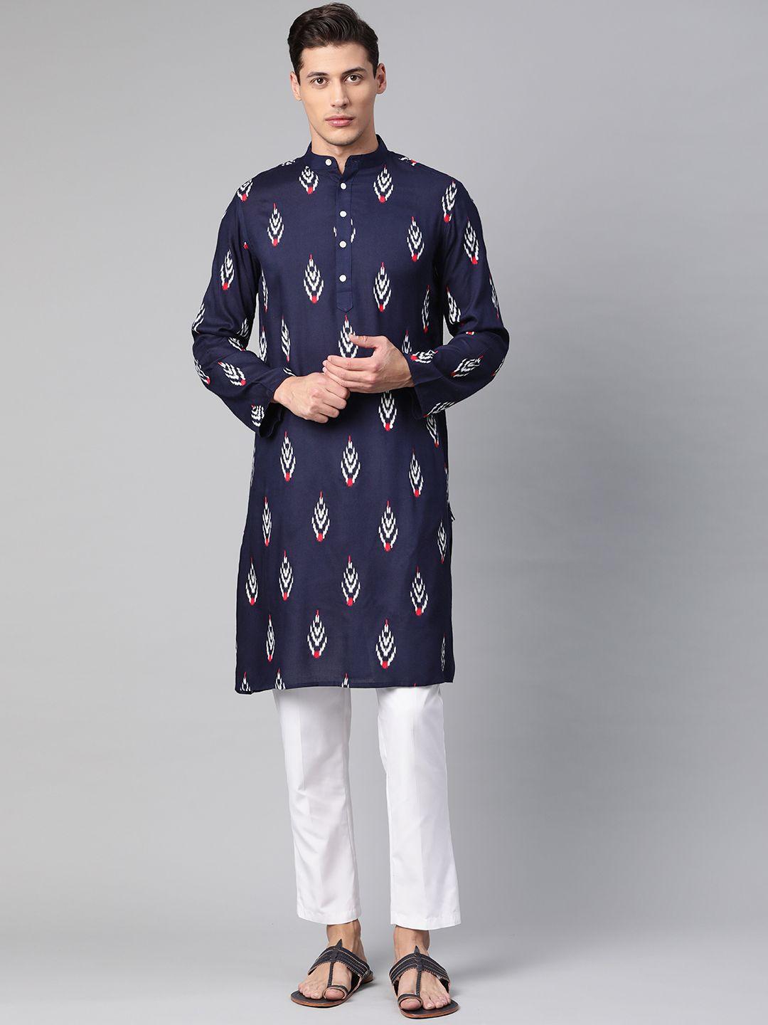 tulsattva men navy blue ethnic motifs printed kurta with pyjamas