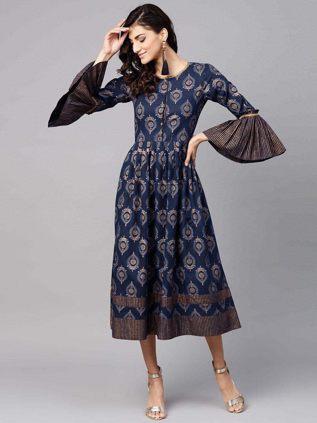 tulsattva navy blue & golden ethnic motifs printed cotton ethnic fit & flare midi dress