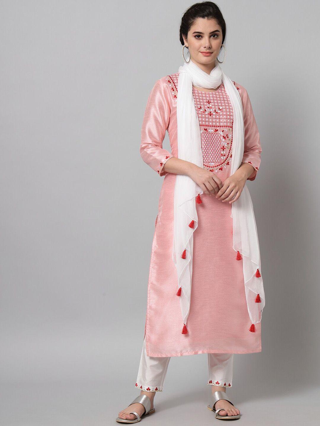 tulsattva pink floral embroidered thread work kurta with trousers & dupatta