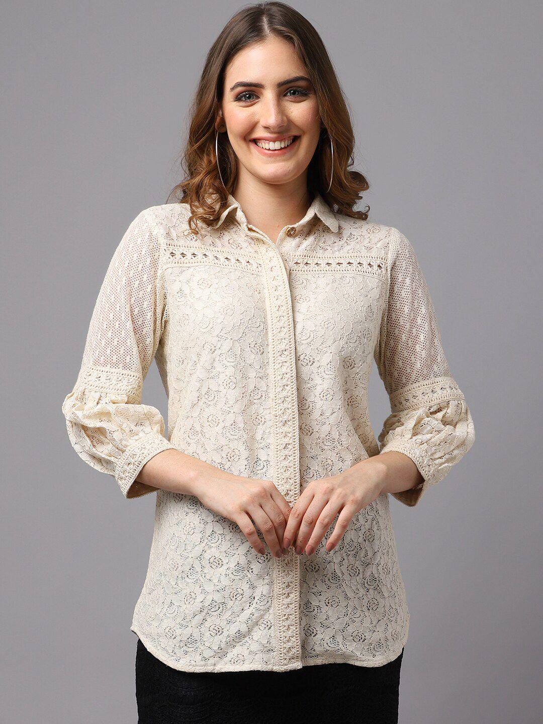 tulsattva women beige comfort floral casual cotton shirt