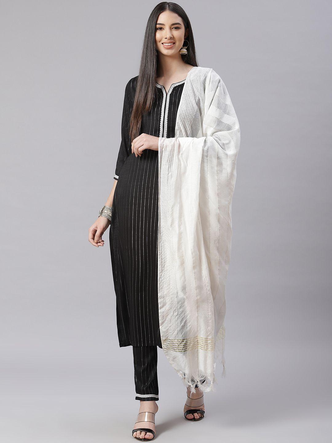 tulsattva women black & white striped thread work detail kurta with trousers & dupatta