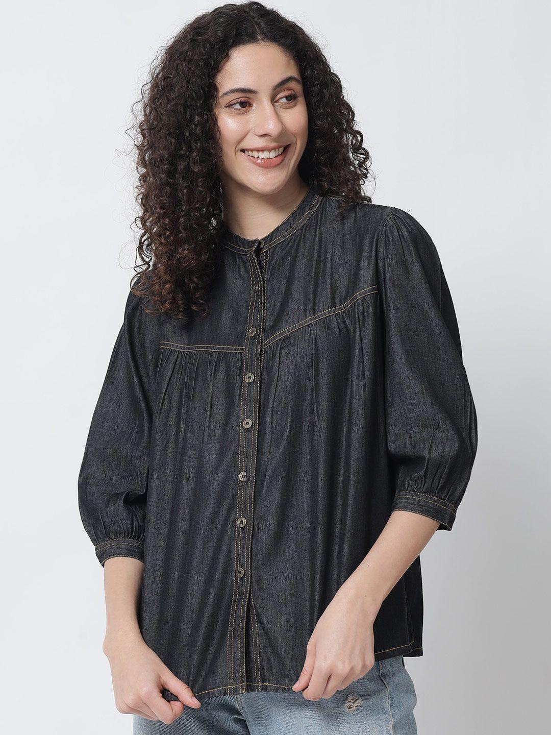 tulsattva women black comfort mandarin collar cotton casual shirt