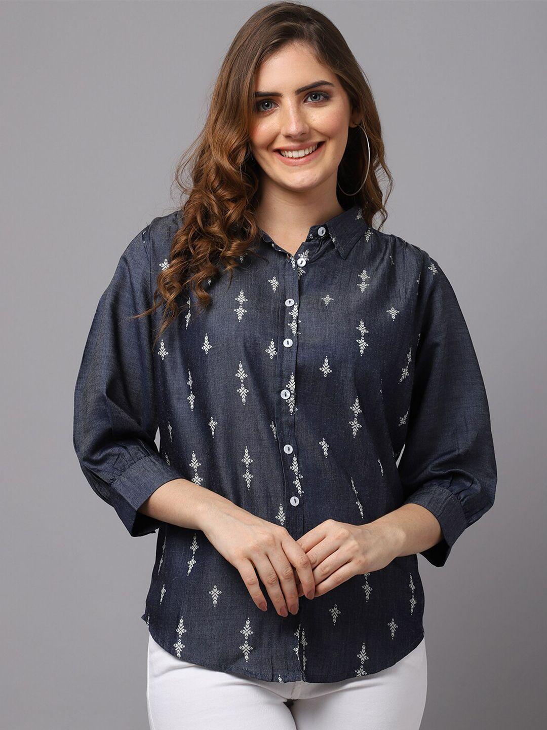 tulsattva women blue comfort printed casual cotton shirt