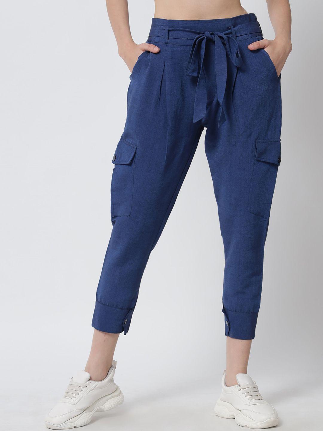 tulsattva women blue smart regular fit chambray cargo style peg trouser