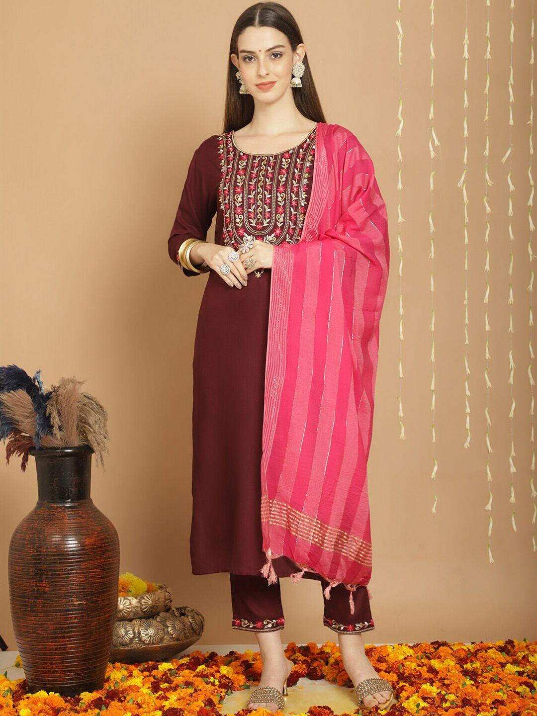 tulsattva women burgundy embroidered kurta with trousers & with dupatta