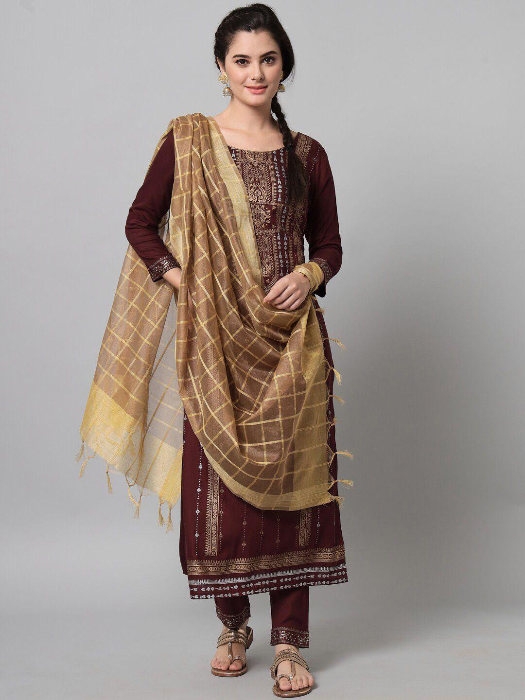 tulsattva women burgundy ethnic motifs printed kurta with trousers & with dupatta