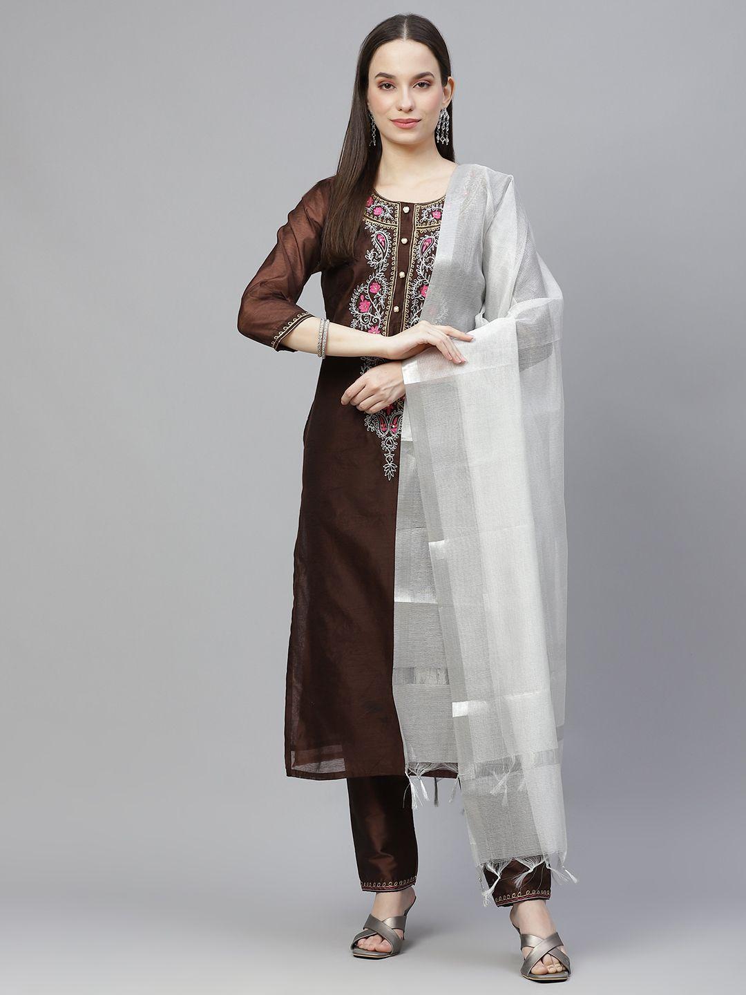 tulsattva women coffee brown embroidered aari work kurta with trousers &  dupatta