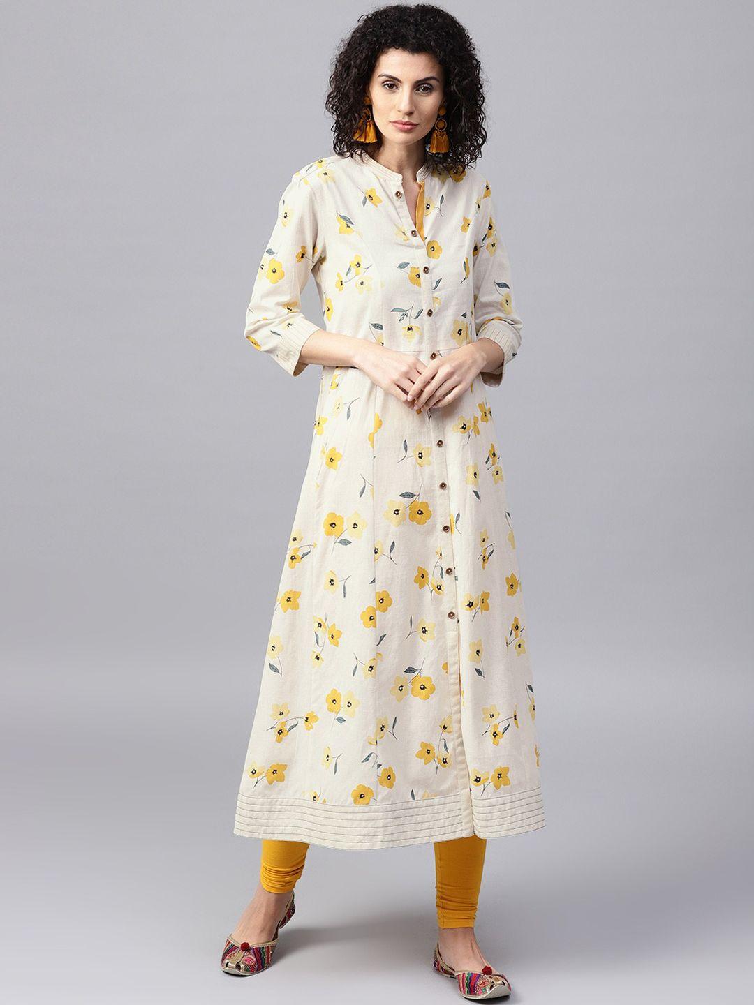 tulsattva women cream-coloured & yellow floral printed cotton kurta