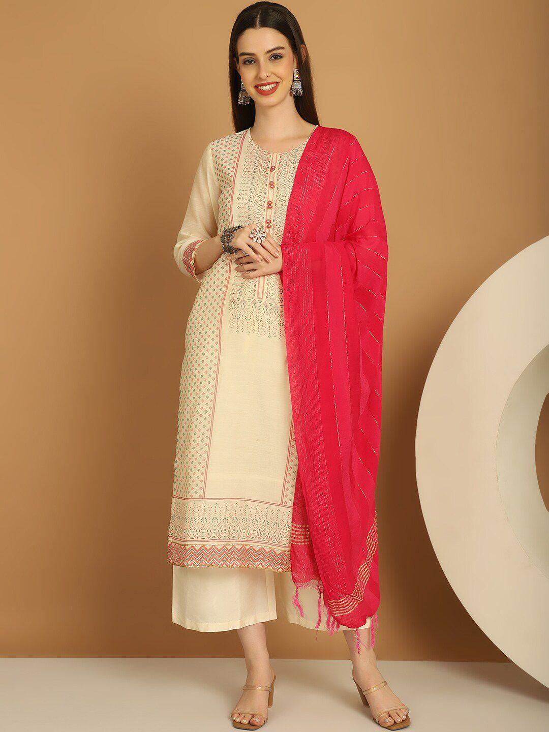 tulsattva women cream-coloured printed kurta with palazzos & with dupatta