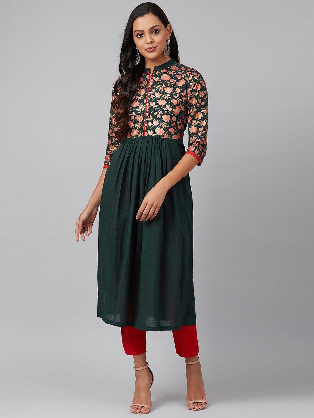 tulsattva women green & pink ethnic motifs yoke design block print a-line kurta