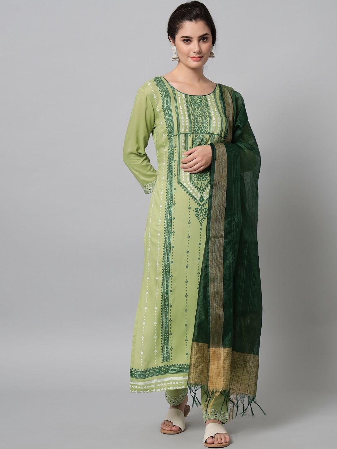 tulsattva women green ethnic motifs printed kurta with trousers & with dupatta