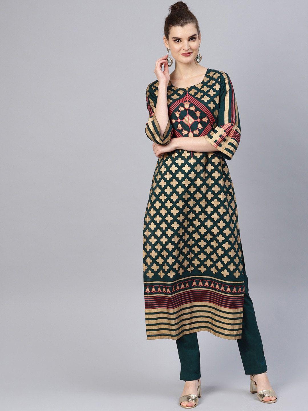 tulsattva women green ethnic motifs printed pure cotton kurta with trousers