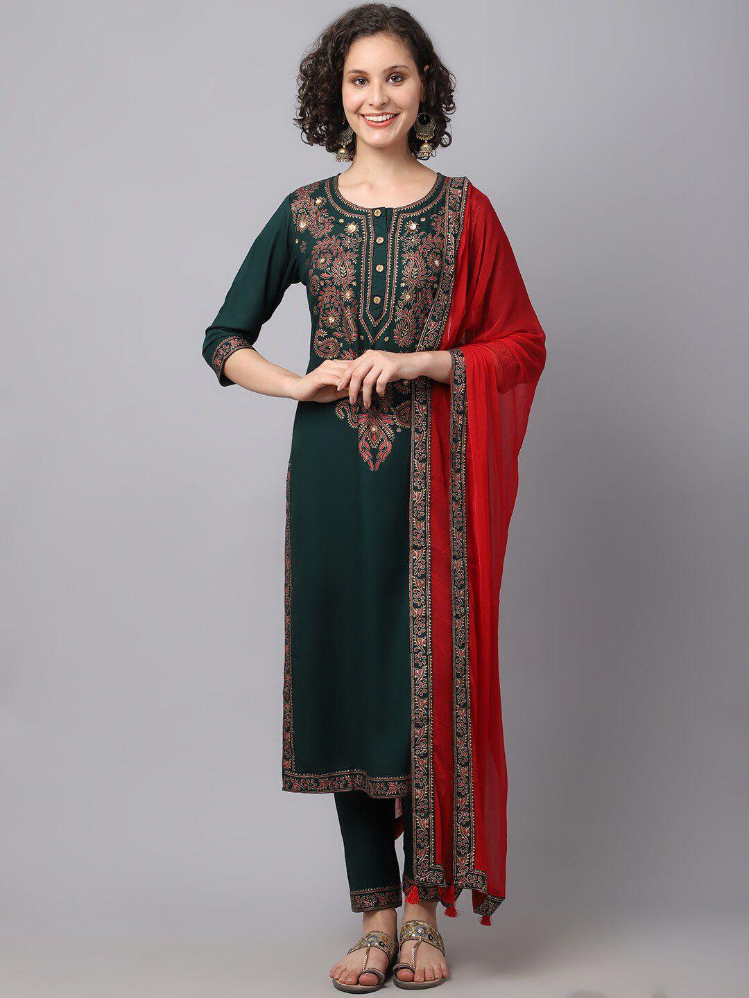 tulsattva women green floral embroidered kurta with trousers & with dupatta