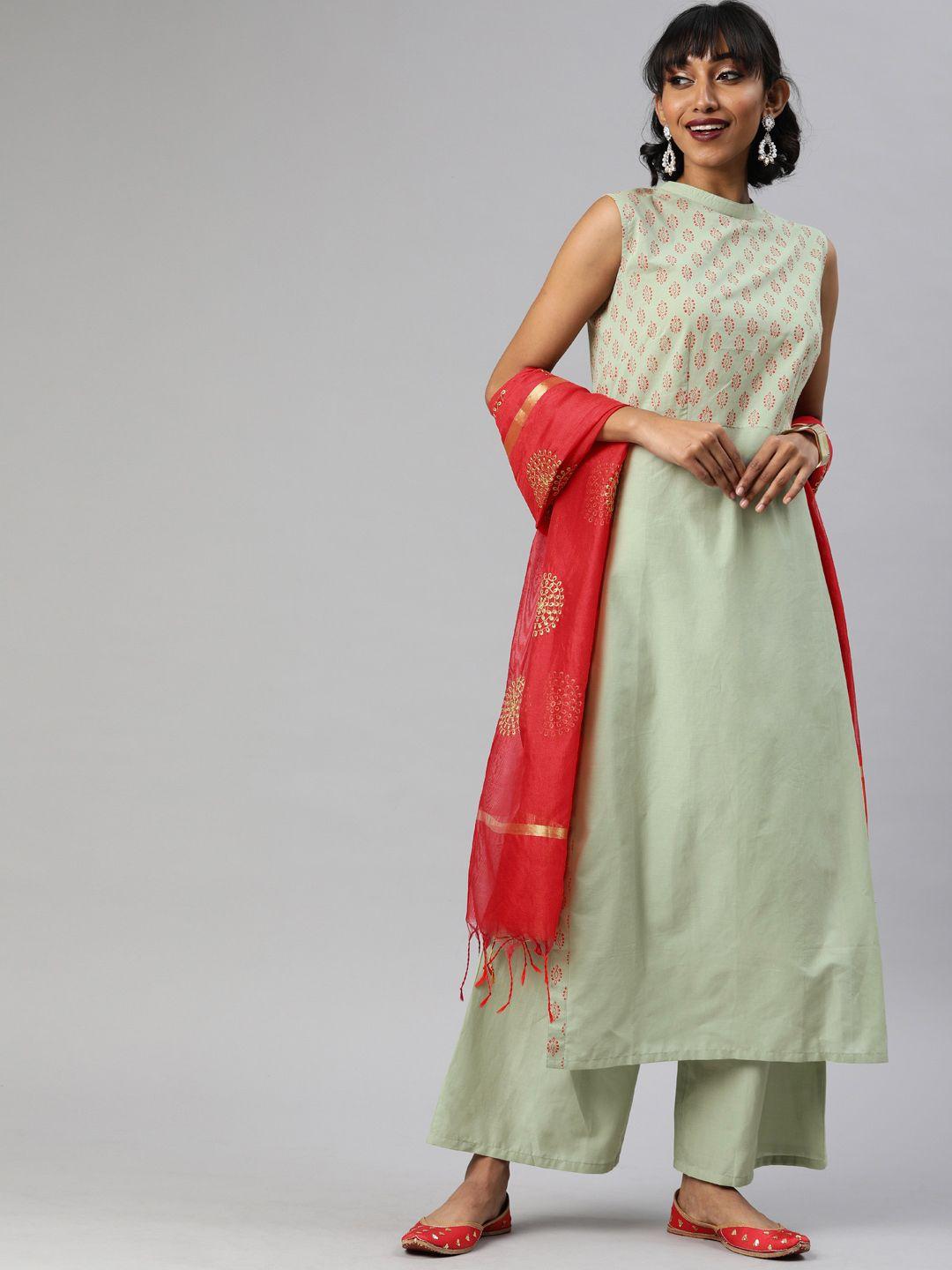 tulsattva women green printed kurta with palazzos & dupatta