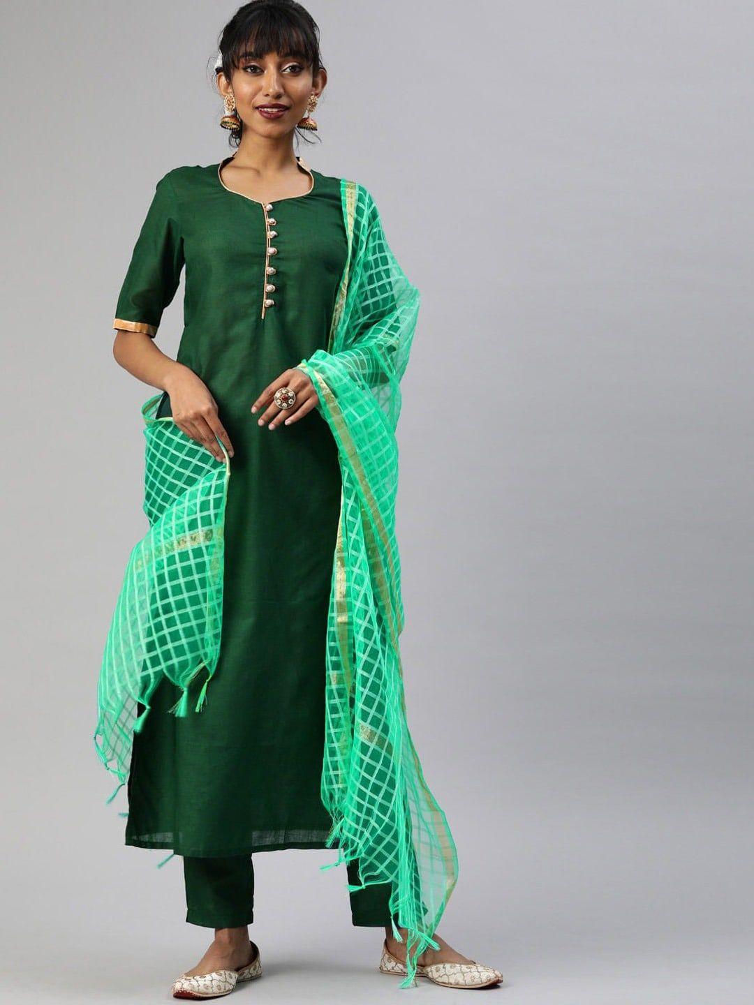 tulsattva women green pure cotton kurta with trousers & with dupatta