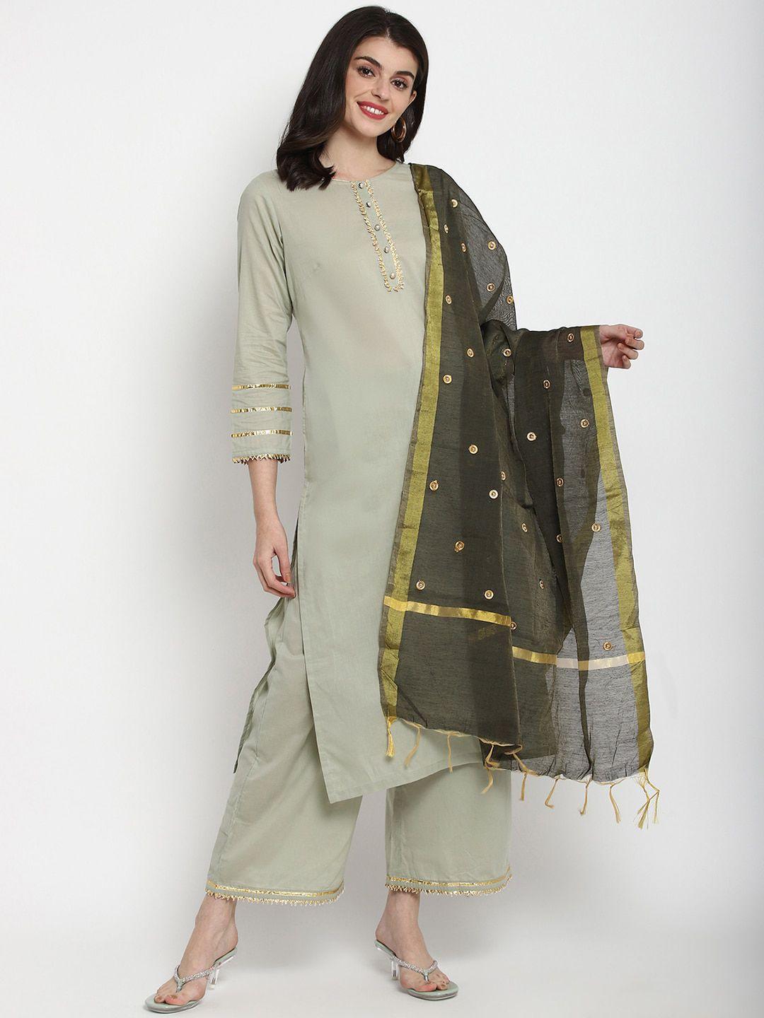 tulsattva women green solid kurta with palazzos & dupatta