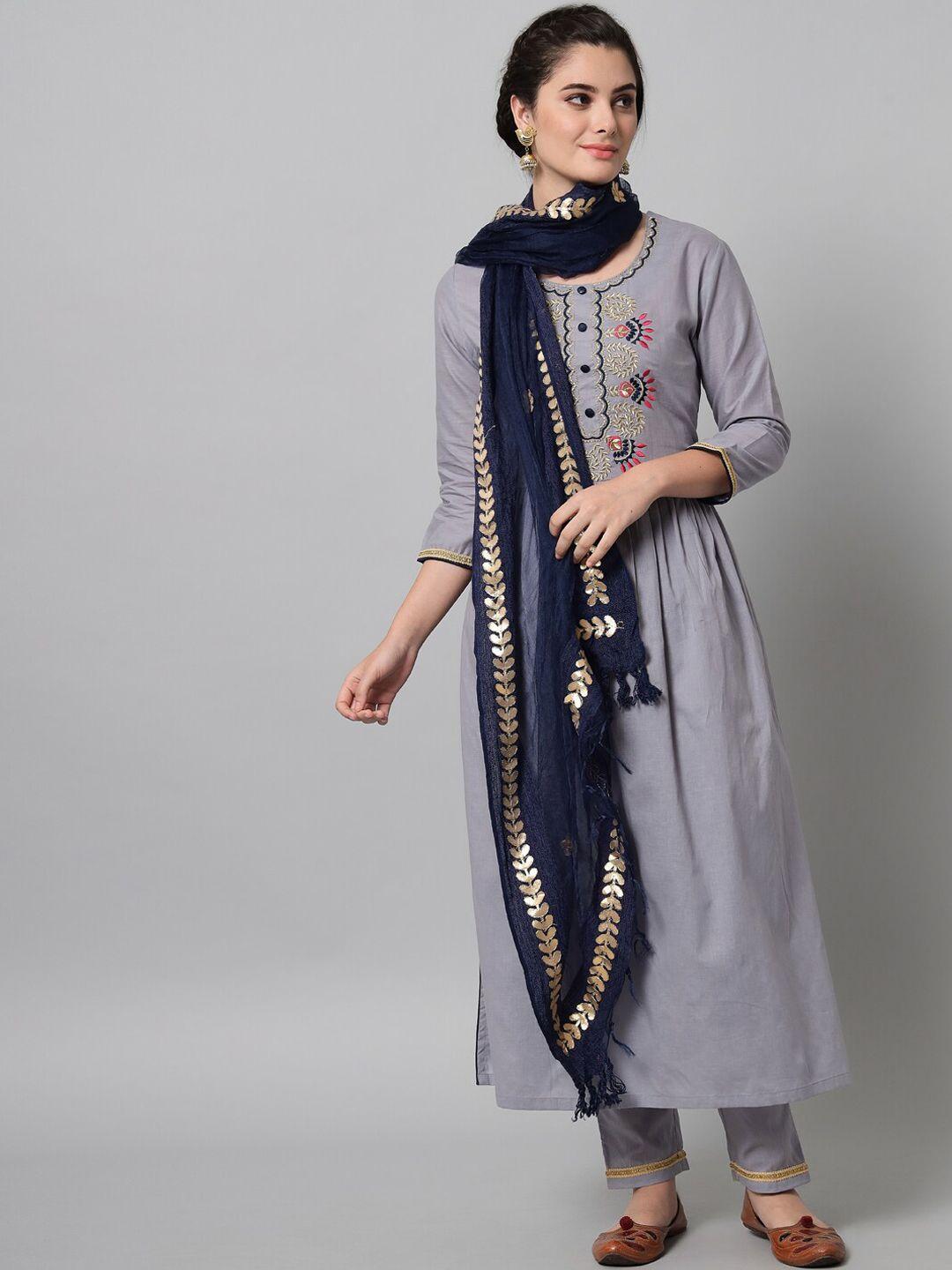 tulsattva women grey floral embroidered aari work pure cotton kurta set