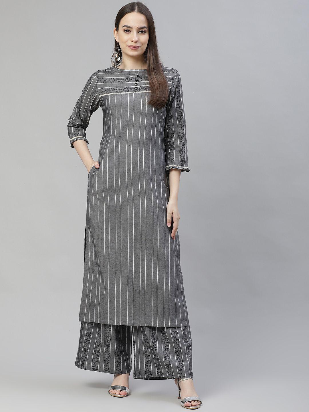 tulsattva women grey printed regular pure cotton kurta with palazzos