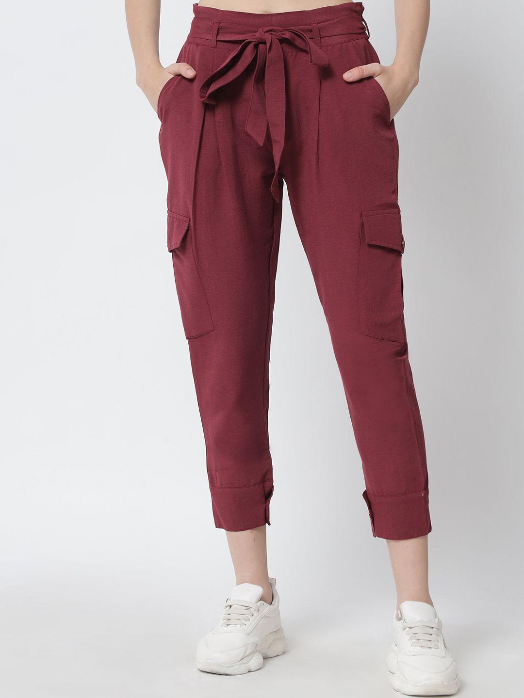 tulsattva women maroon tapered fit peg trousers