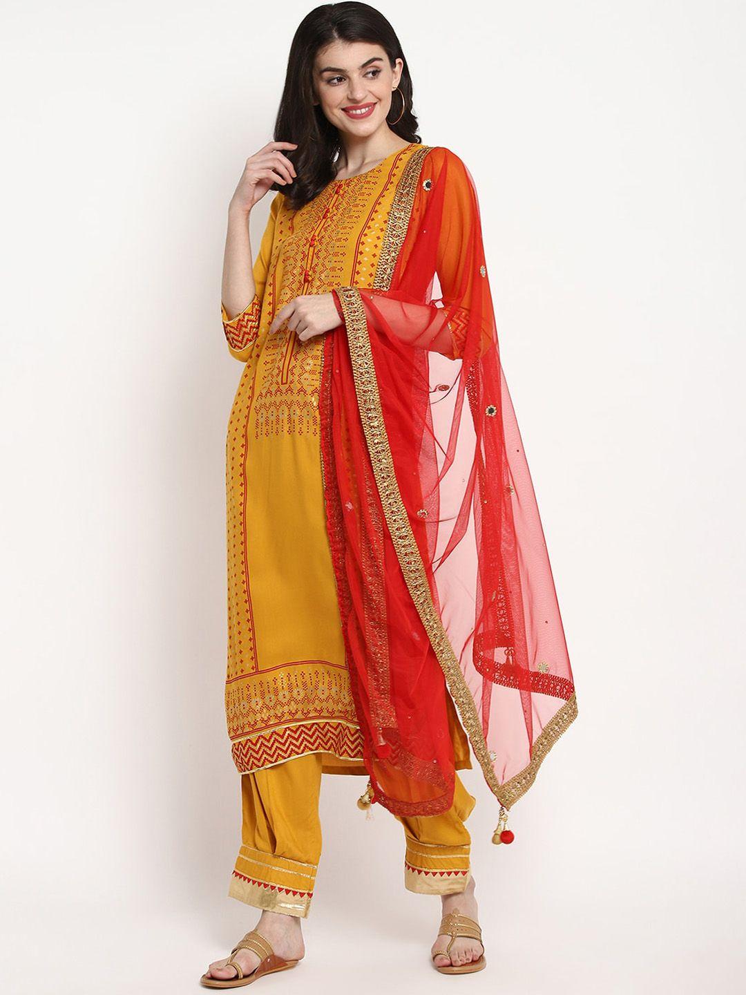 tulsattva women mustard yellow & red printed kurta with trousers & dupatta