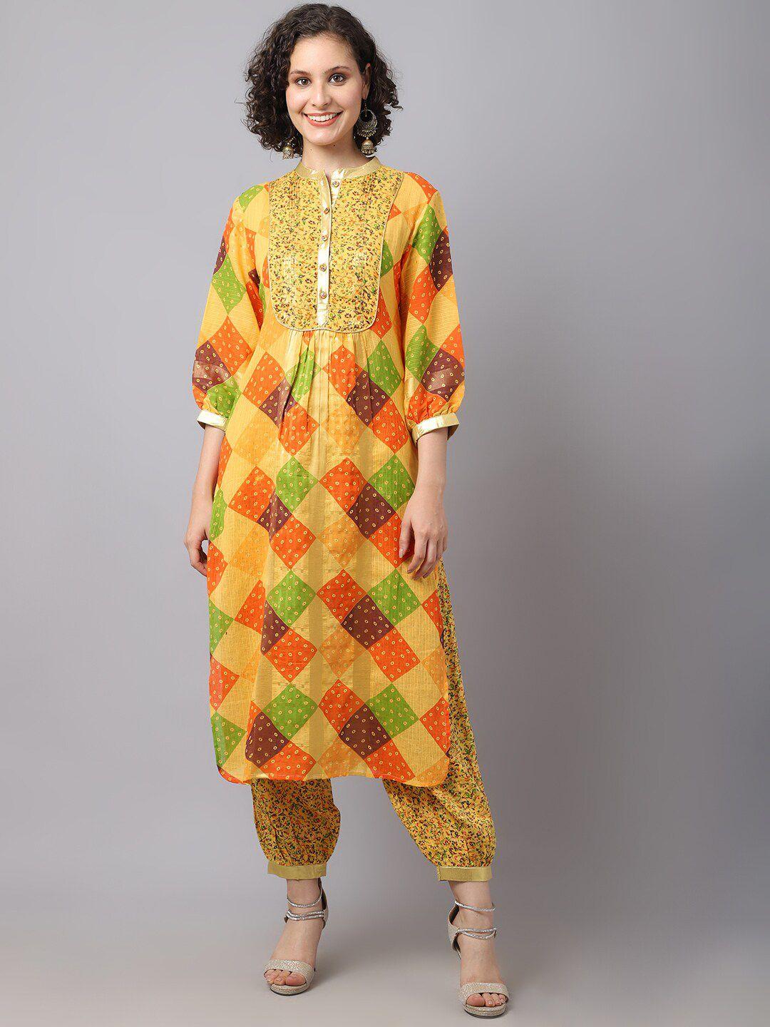 tulsattva women mustard yellow printed kurta with salwar set