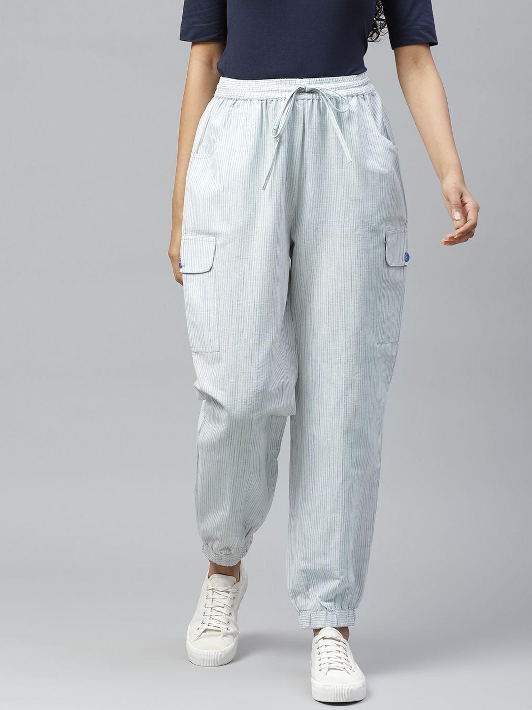 tulsattva women off-white & blue relaxed striped cotton joggers