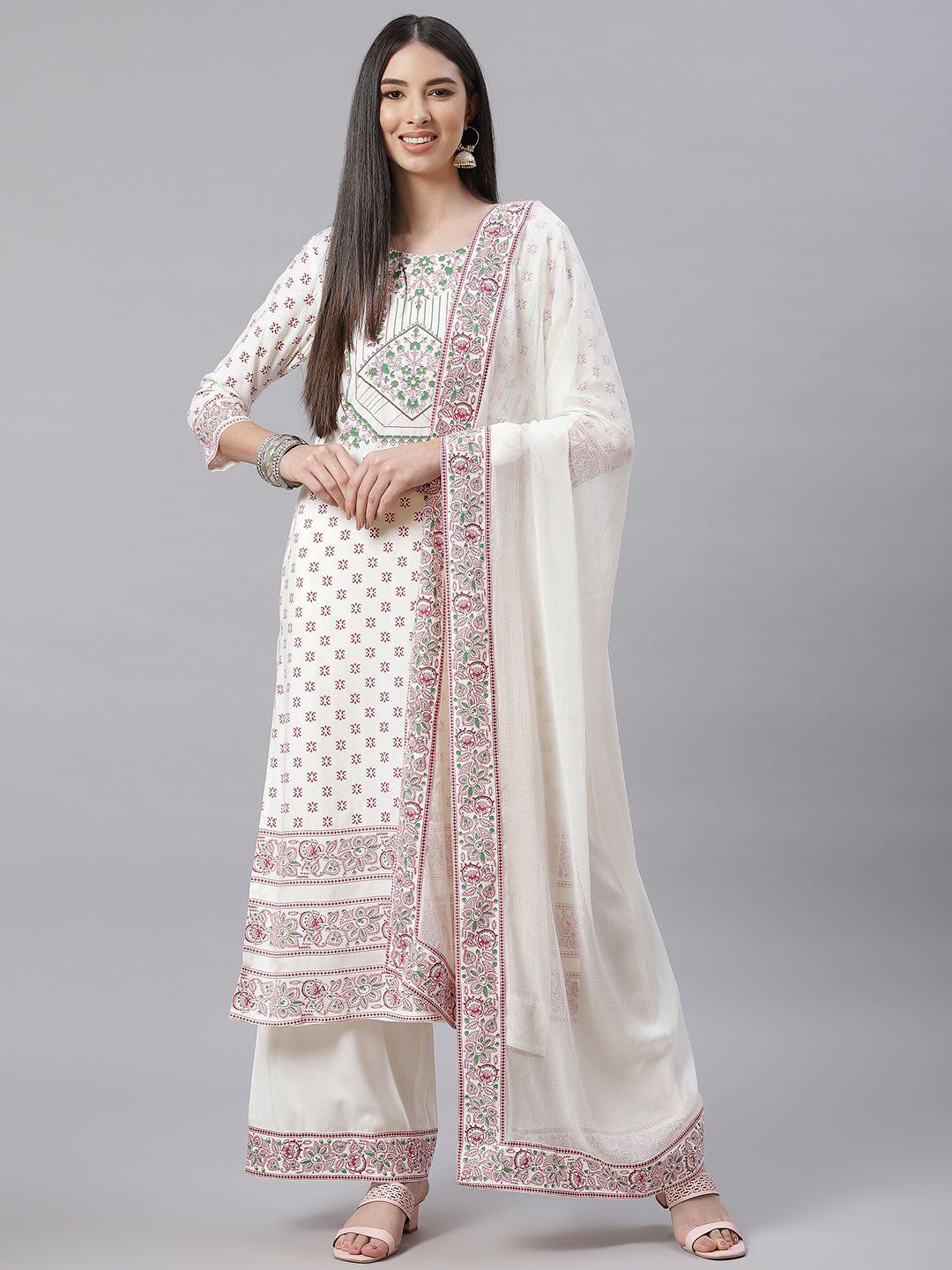 tulsattva women off-white & maron ethnic motifs print kurta with palazzos & dupatta