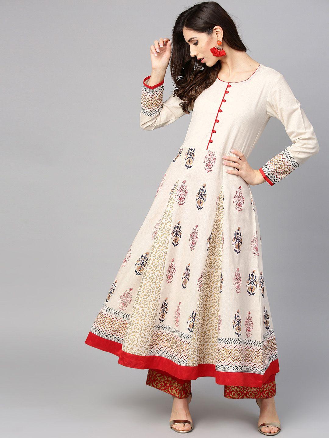 tulsattva women off-white block print anarkali kurta