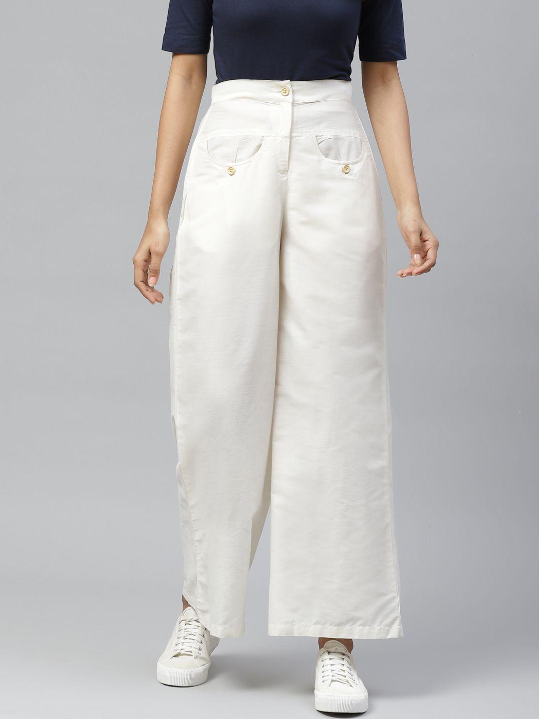 tulsattva women off-white loose fit solid parallel trousers