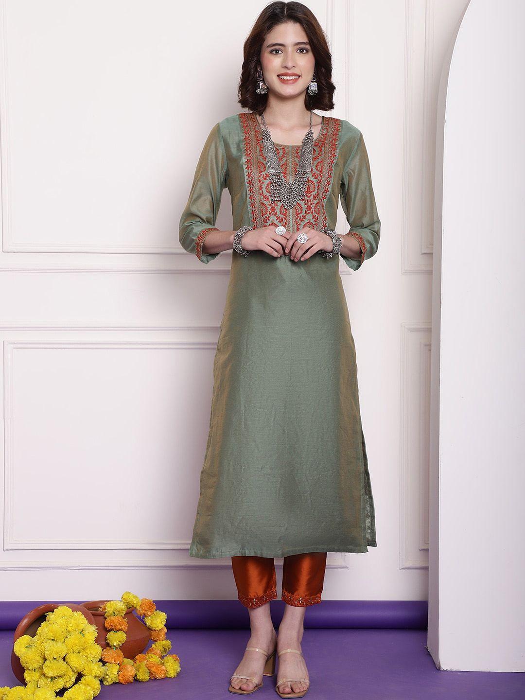 tulsattva women olive green ethnic motifs yoke design thread work grandeur & majestic artwork chanderi silk kurta
