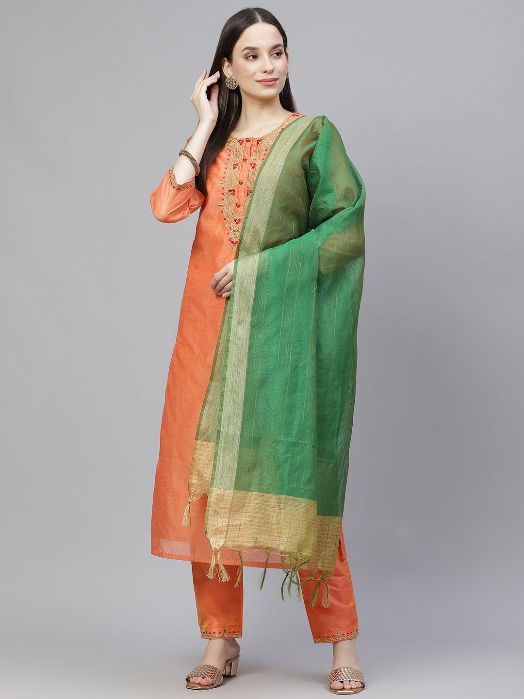 tulsattva women orange & green ethnic yoke design kurta with trousers & with dupatta