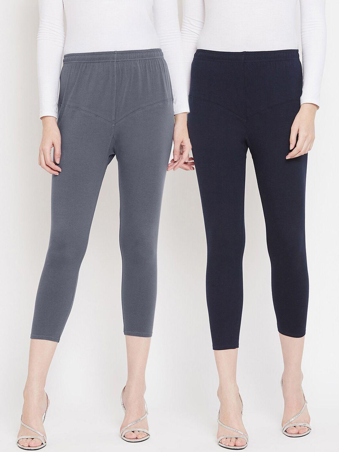 tulsattva women pack of 2 grey & navy blue solid three-fourth length leggings