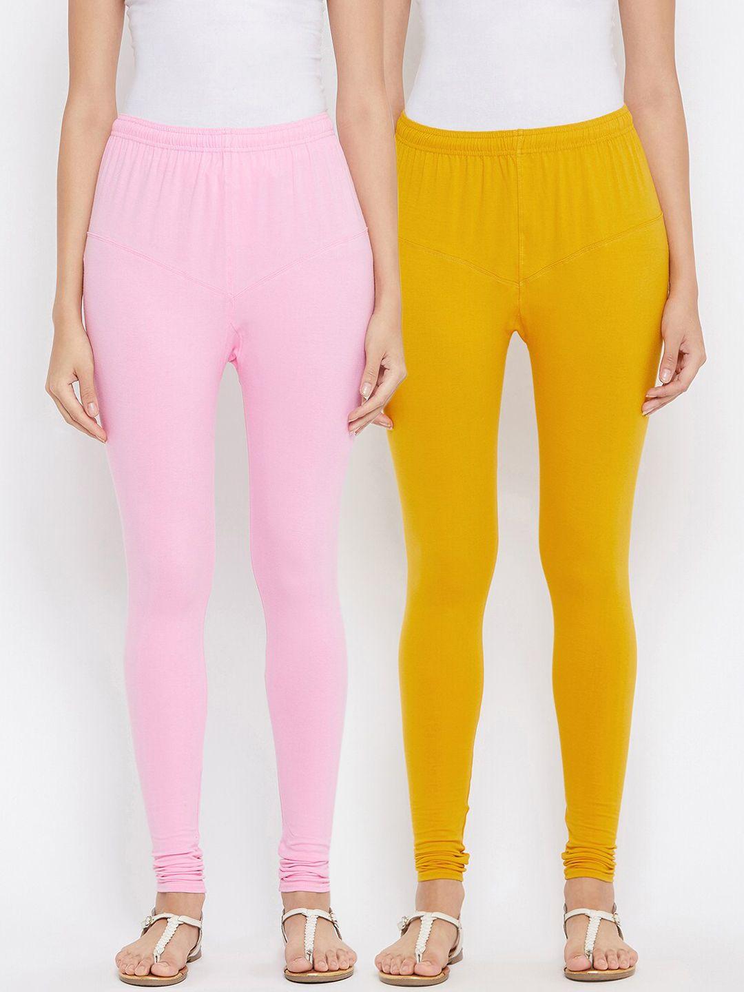 tulsattva women pack of 2 pink & yellow solid churidar-length leggings