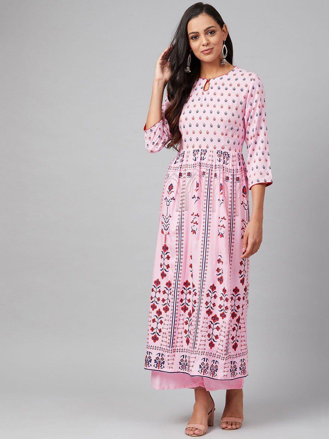 tulsattva women pink & maroon ethnic motifs printed kurta with palazzo