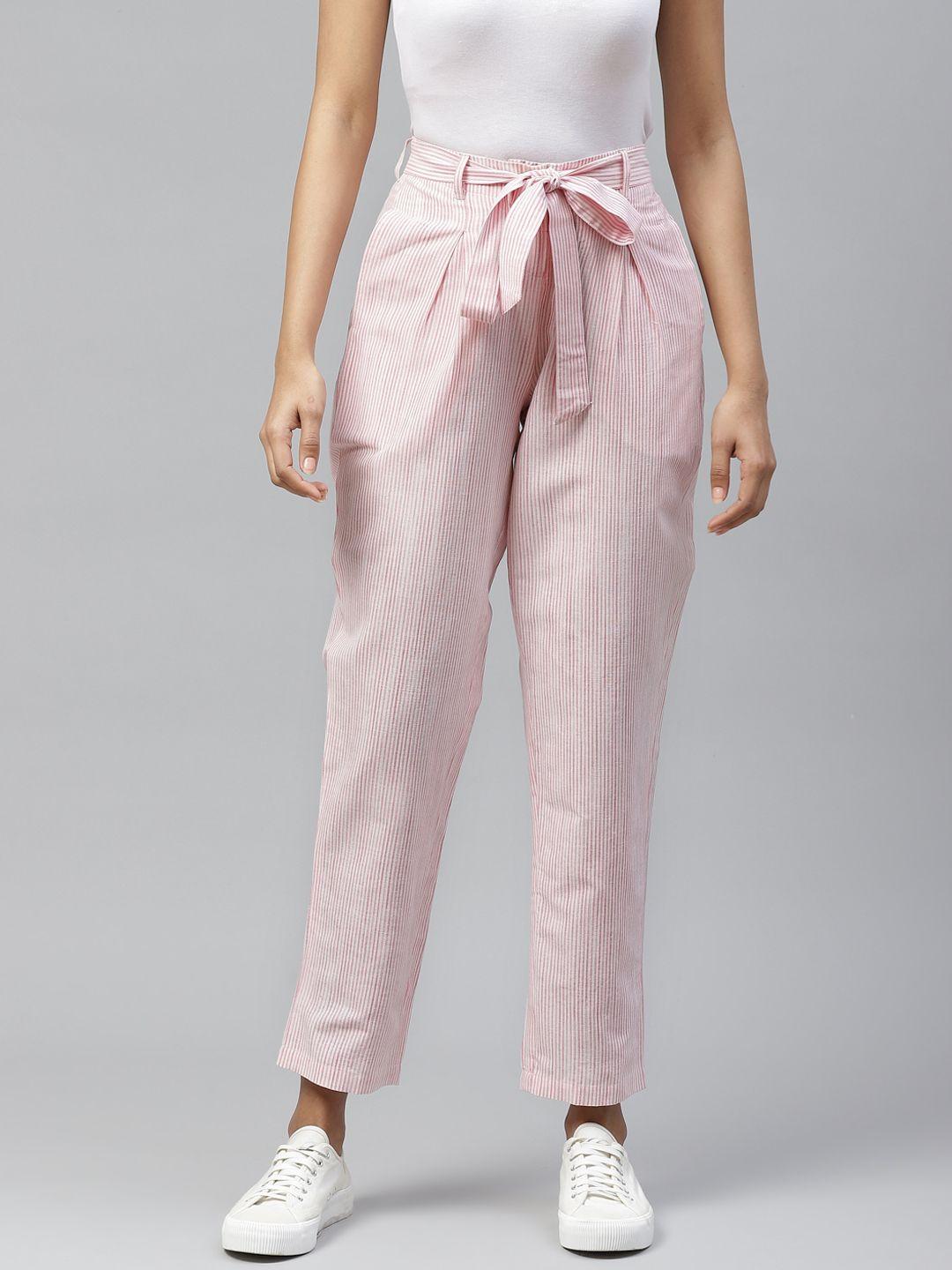 tulsattva women pink & off-white relaxed tapered fit striped cotton peg trousers
