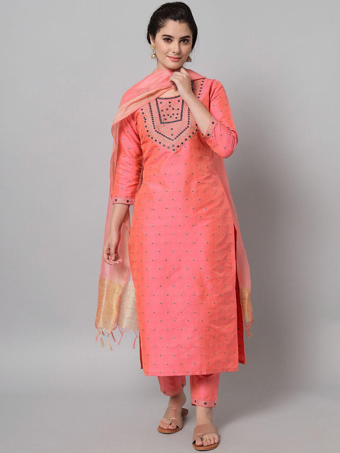 tulsattva women pink embroidered mirror work dupion silk kurta with trouser & dupatta