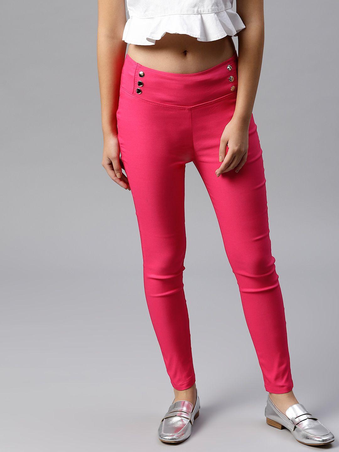 tulsattva women pink slim fit solid treggings