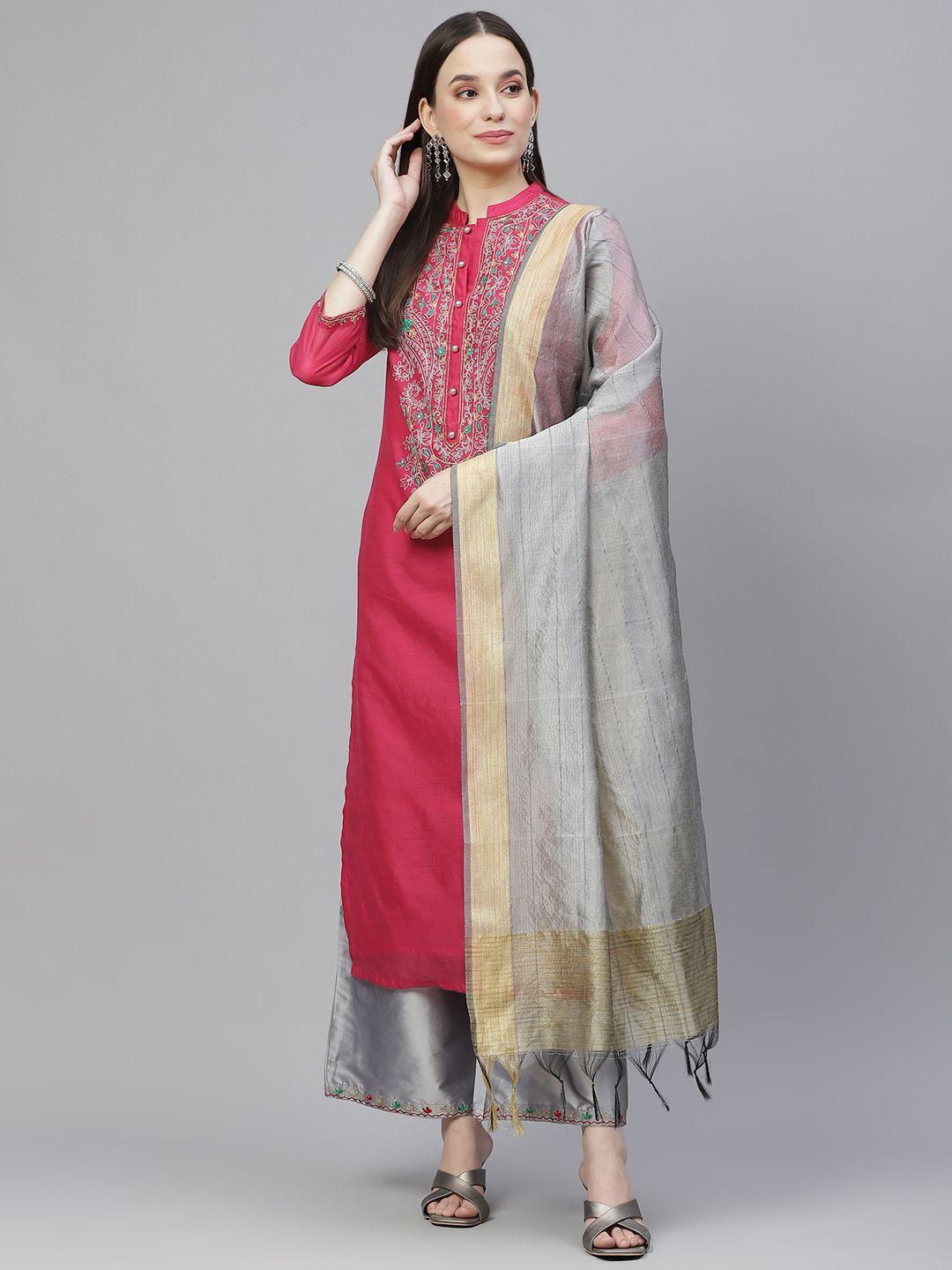 tulsattva women red & grey ethnic yoke design aari work kurta with palazzos & with dupatta
