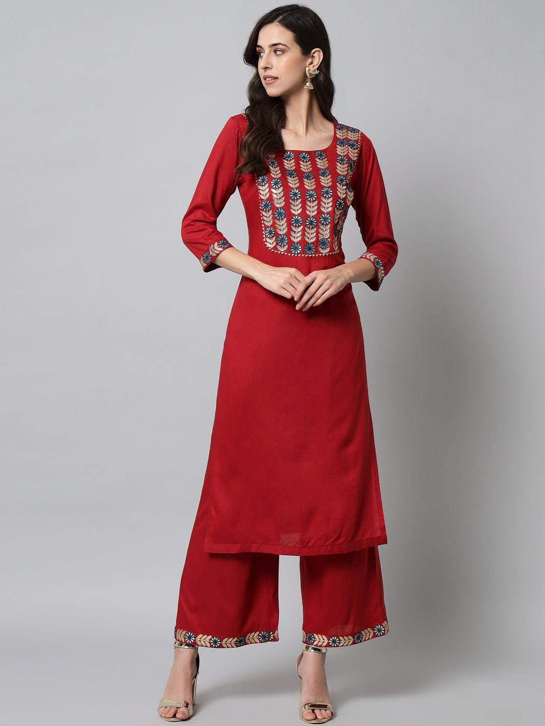 tulsattva women red ethnic motifs embroidered gotta patti kurta with palazzos