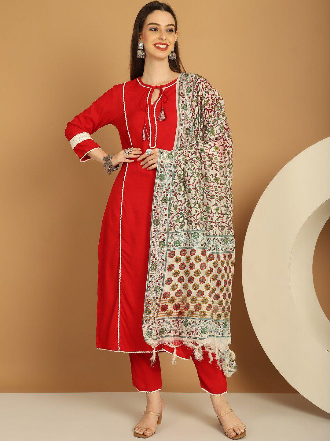 tulsattva women red printed kurta with trousers & with dupatta