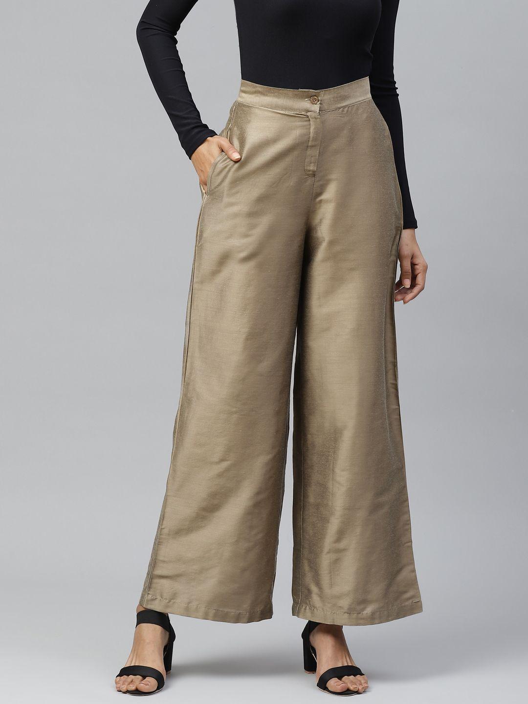 tulsattva women taupe smart flared solid parallel trousers