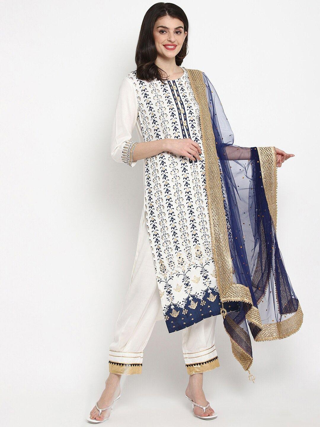 tulsattva women white ethnic motifs printed kurta with trousers & dupatta