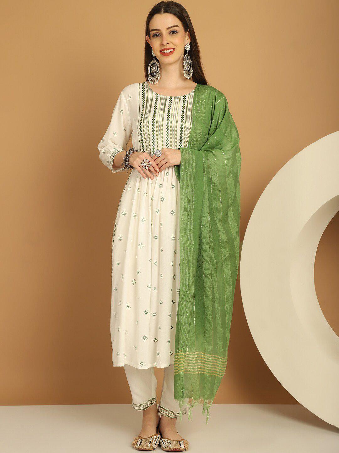 tulsattva women white printed kurta with trousers & with dupatta