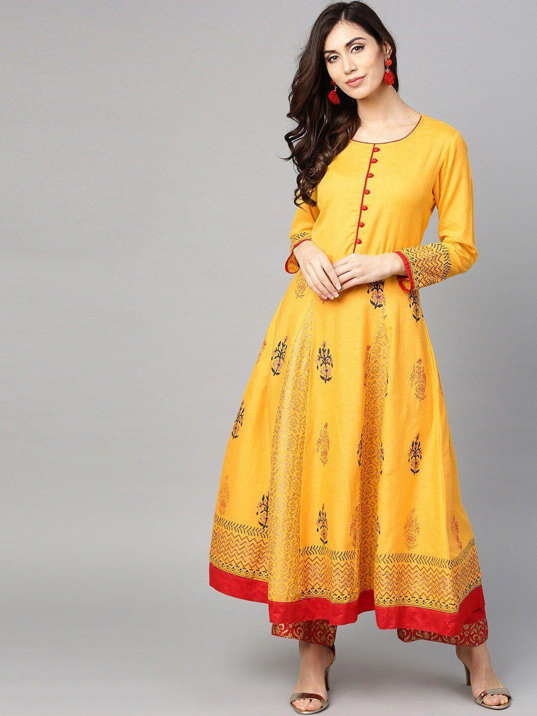 tulsattva women yellow ethnic motifs thread work block print anarkali kurta