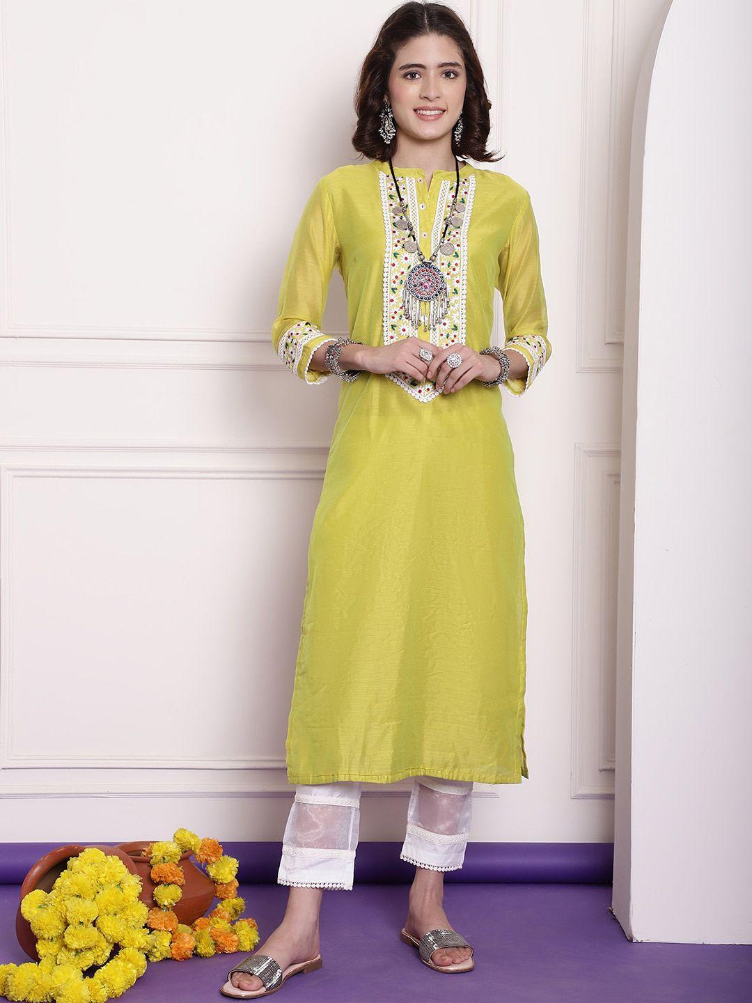 tulsattva women yellow floral embroidered thread work grandeur & majestic artwork chanderi silk kurta