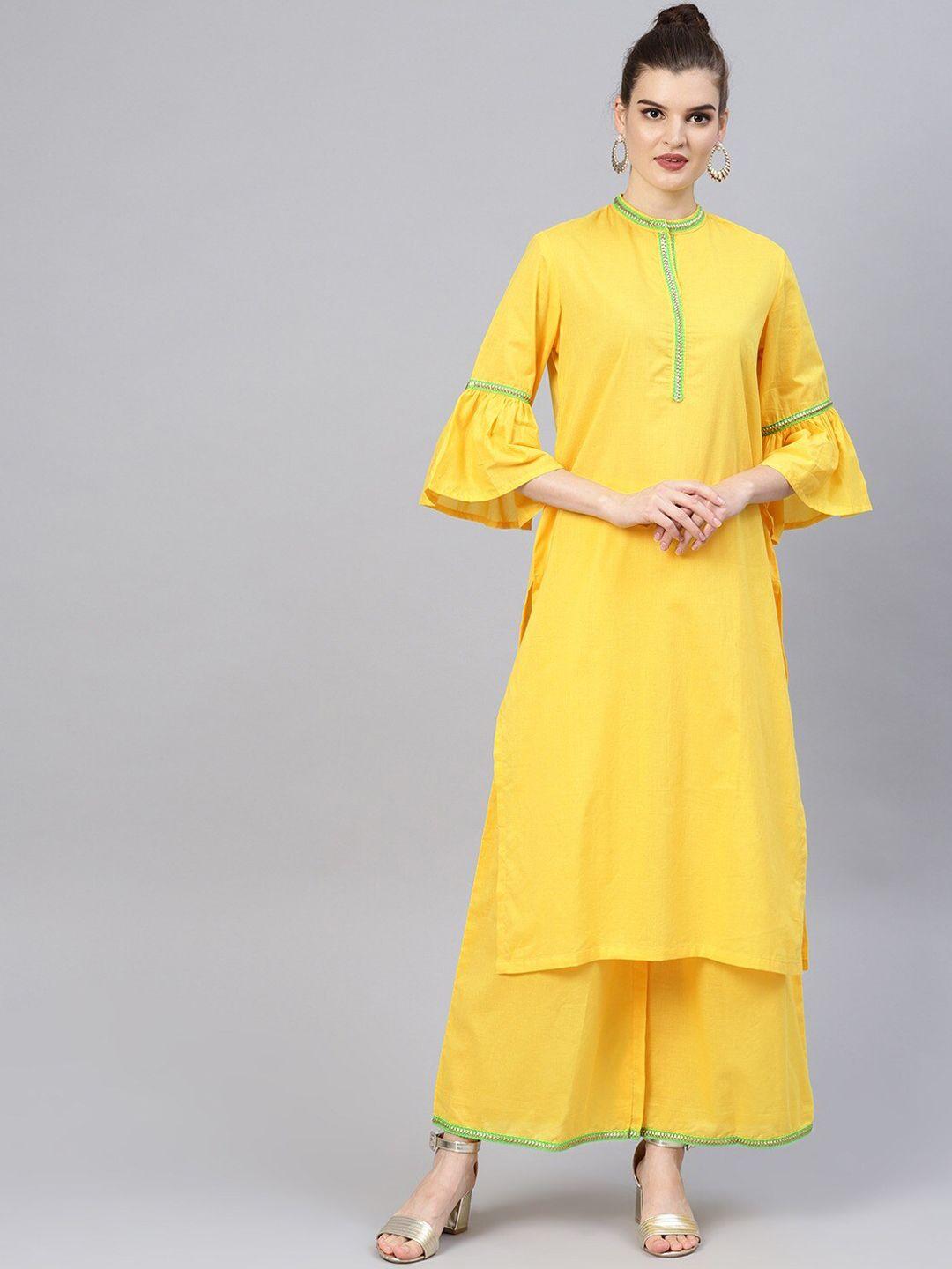 tulsattva women yellow pure cotton kurta with palazzos