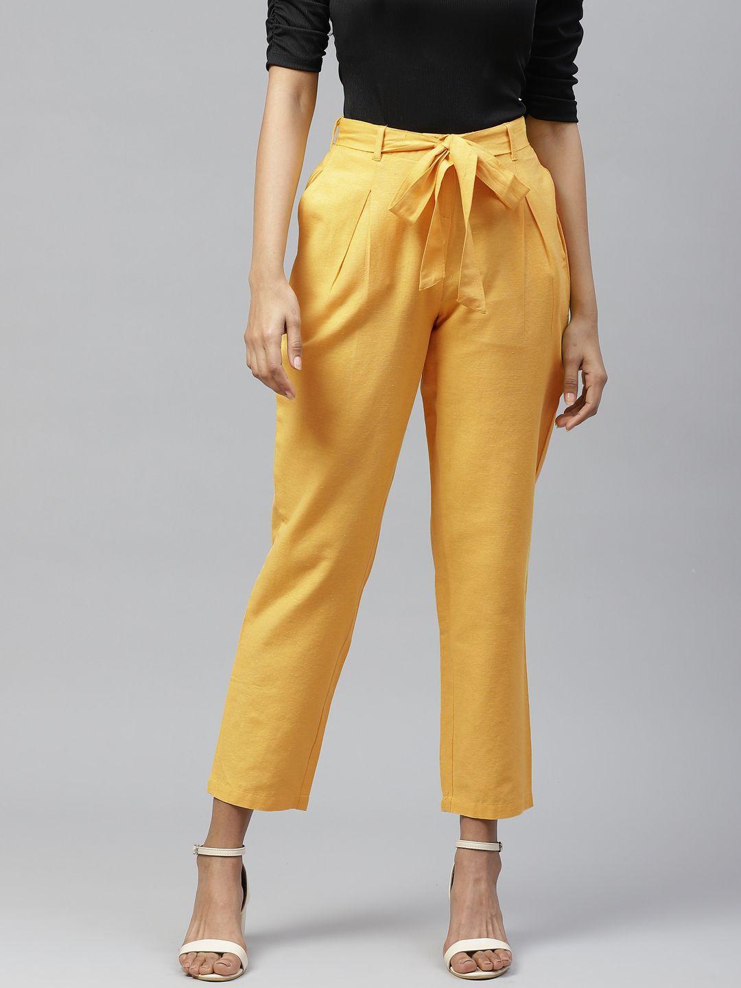 tulsattva women yellow relaxed tapered fit self design cotton peg trousers