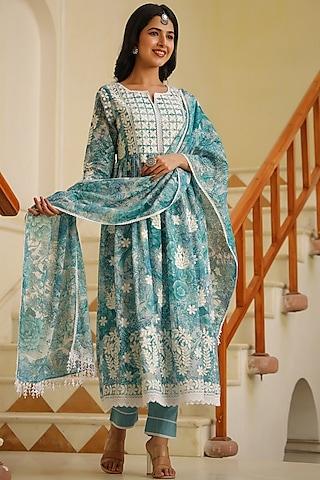 turkish blue printed anarkali set