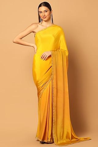 turmeric yellow chinon hand embroidered ombre saree set