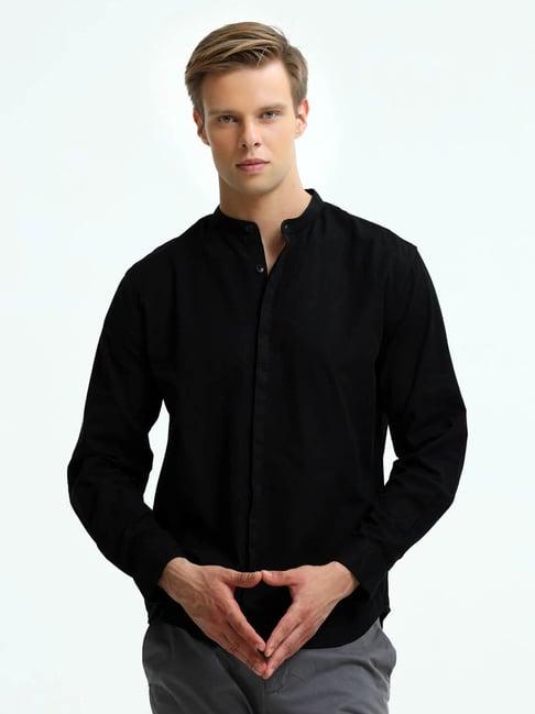 turms black cotton linen slim fit shirt